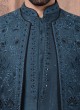 Rama Blue Embroidered Jacket Style Indowestern Set